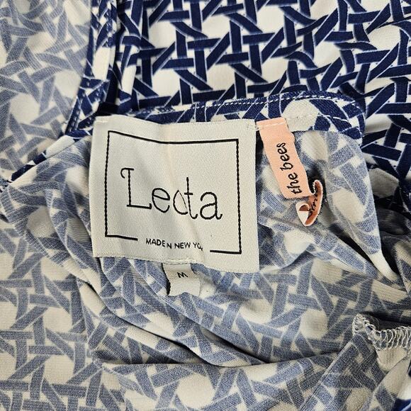 Leota Womens Midi Dress V Back Geometric Print Blue/White Size Medium Tie Waist - Picture 4 of 7